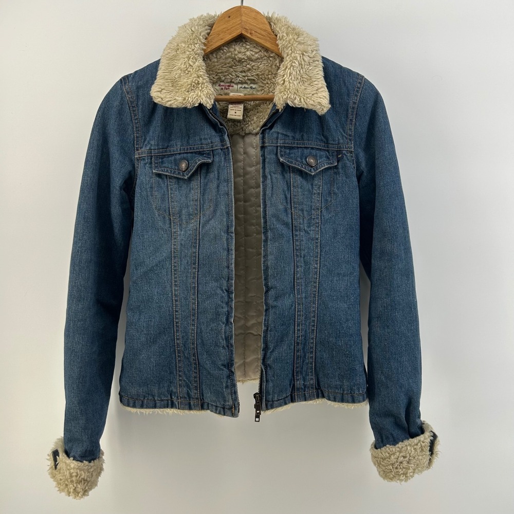 Abercrombie & Fitch Faux Shearling Lined Denim Jacket Medium Wash Blue Small Y2K